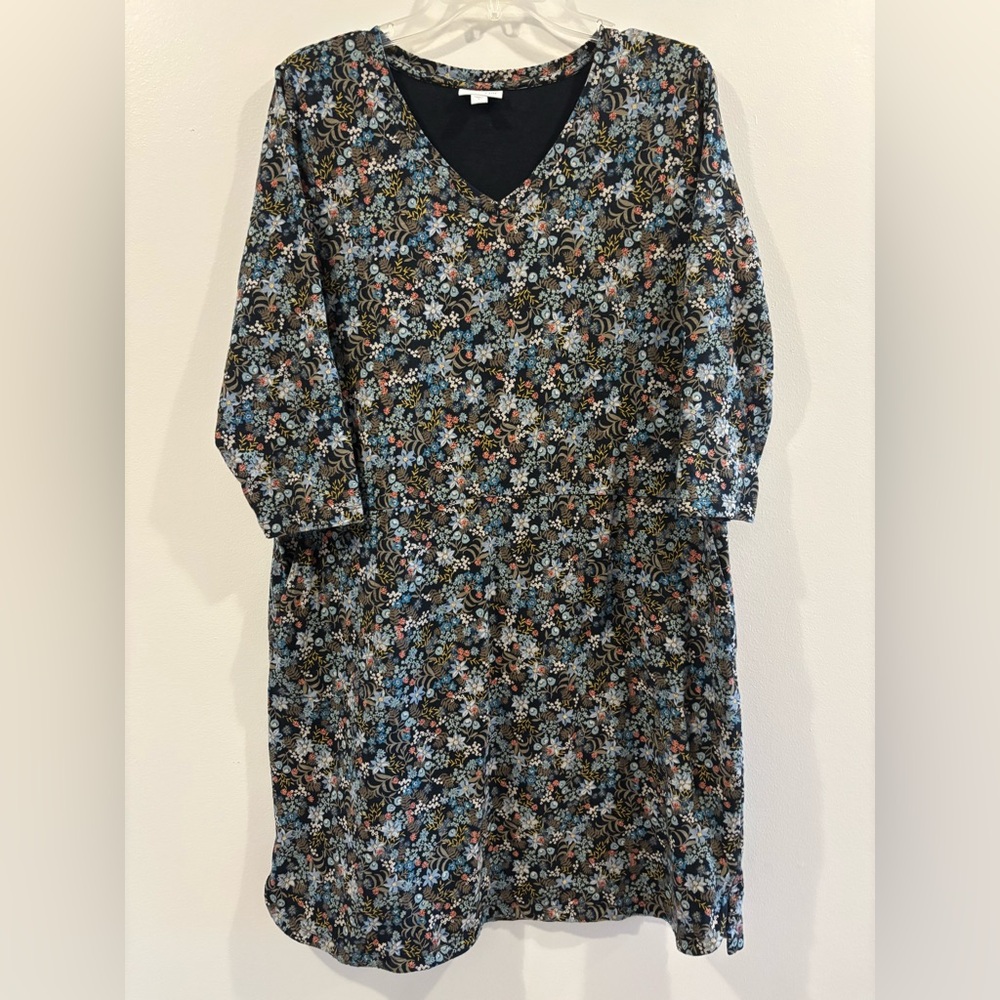 J Jill L Floral V-Neck Dress 3/4 Sleeve Pockets
